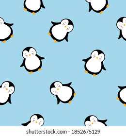 Cute Penguin Cartoon Seamless Pattern on Blue Background Kawaii style