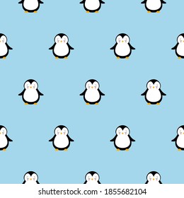Cute Penguin Cartoon Seamless Pattern on Blue Background Kawaii style Christmas illustration