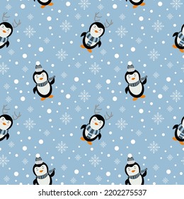Cute Penguin Cartoon Seamless Pattern Background, Christmas Vector illustration