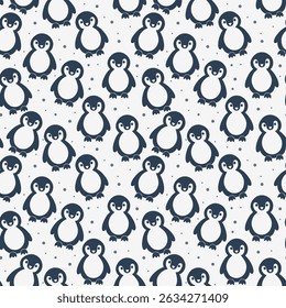 Cute Penguin Cartoon Seamless Texture for Kids. Happy Playful Penguin Parade Background Seamless Pattern. 