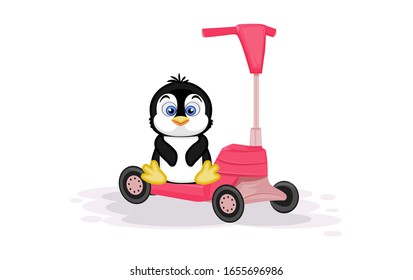 cute penguin cartoon sitting on a scooter, vector illustration