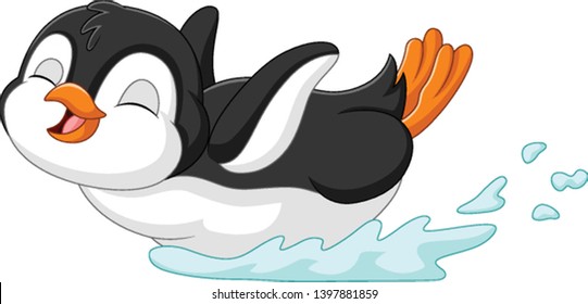 Cute penguin cartoon sliding on water