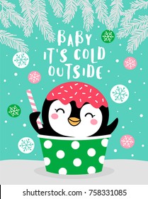 Cute penguin cartoon with snow background for card design template