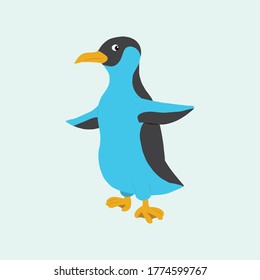 cute penguin in cartoon style isolated on blue background. Funny pinguin image. Vector illustration.