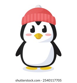 Lindo pingüino de dibujos animados con gorro de invierno en estilo de diseño de dibujos animados de arte plano perfecto para libros infantiles y Navidades Elemento de activo libre editable 