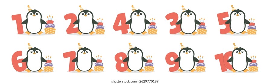 Cute penguin character, cake with candles, numbers vector set. Beautiful elements for Kids Birthday Party invitation, greeting card, poster, event, prints and cake toppers design
