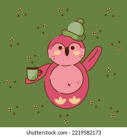 Cute penguin character. Cartoon cute pinguin in a winter hat and with a mug of tea in his hands welcomes. Cartoon doodle illustration.