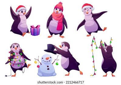 Cute penguin character celebrate winter holidays, Christmas or New Year. Funny antarctic animal, penguin make snowman, dance, hang light garland, entangled and in Santa Claus hat, vector cartoon set