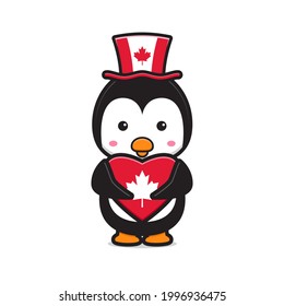 Cute penguin character celebrated Canada Day cartoon vector icon illustration. Design isolated on white. Flat cartoon style.
