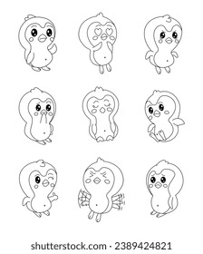 Cute penguin character. Coloring Page. Kawaii flightless sea bird different poses and emotions, love, joy, sadness, anger. Vector drawing. Collection of design elements.