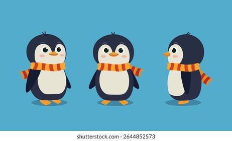 Design de Personagem Pinguim bonito com 3 Poses - Vetor de Desenho Animado para Animação