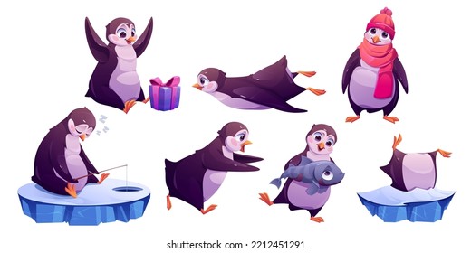 Cute penguin character in different poses in winter. Funny antarctic bird, penguin on ice fishing, slide, stuck in snowdrift, with fish and gift box, vector cartoon set isolated on white background