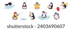 Cute Penguin Character Engaged in Different Activity Vector Set