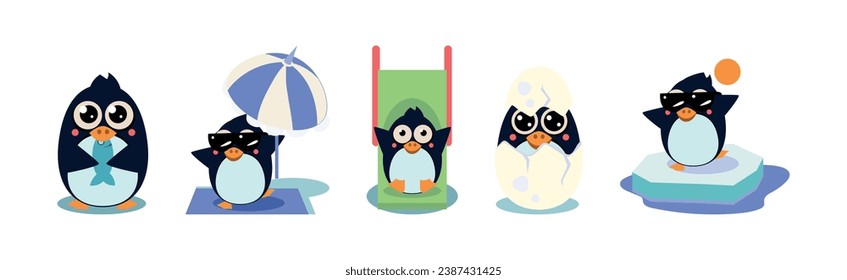 Cute Penguin Character Engaged in Different Activity Vector Set