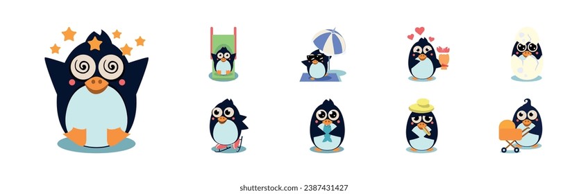 Cute Penguin Character Engaged in Different Activity Vector Set