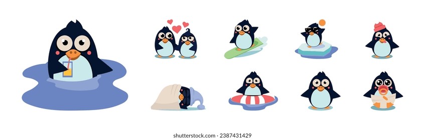 Carácter pingüino de corte que participa en un conjunto de vectores de actividad diferente