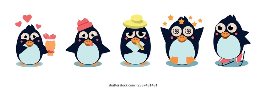 Cute Penguin Character Engaged in Different Activity Vector Set