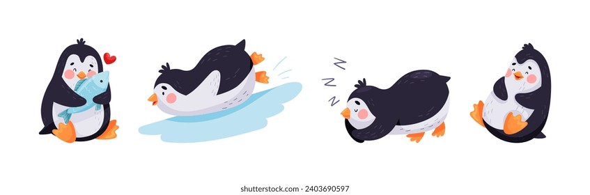 Cute Penguin Character Engaged in Different Activity Vector Set