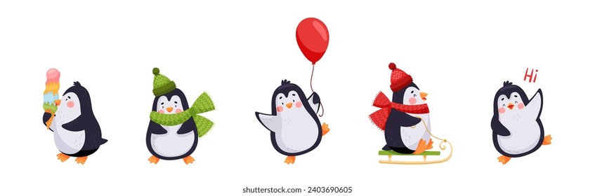 Cute Penguin Character Engaged in Different Activity Vector Set