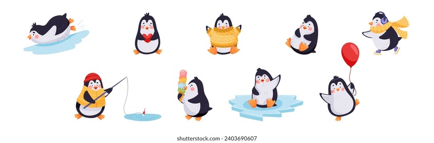 Cute Penguin Character Engaged in Different Activity Vector Set