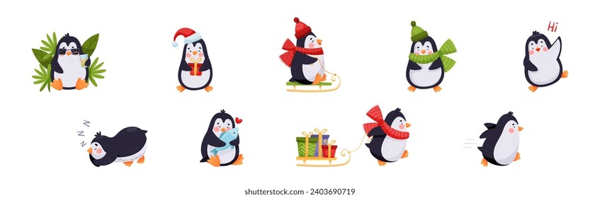 Cute Penguin Character Engaged in Different Activity Vector Set