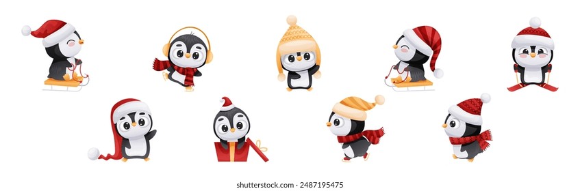 Cute Penguin Character Engaged in Different Activity Vector Set