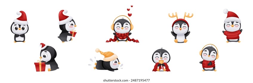 Cute Penguin Character Engaged in Different Activity Vector Set