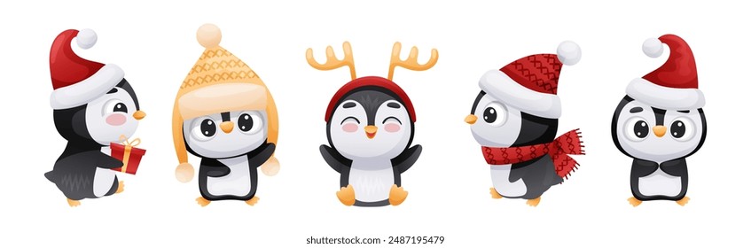 Cute Penguin Character Engaged in Different Activity Vector Set