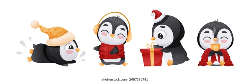 Cute Penguin Character Engaged in Different Activity Vector Set