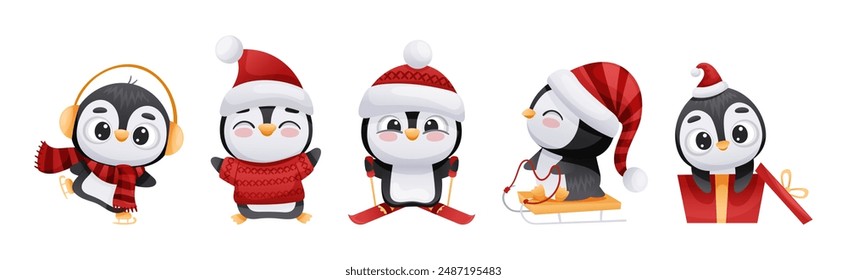 Cute Penguin Character Engaged in Different Activity Vector Set