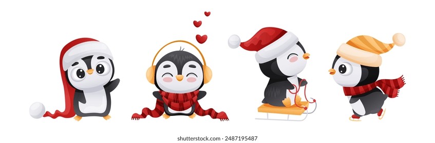 Cute Penguin Character Engaged in Different Activity Vector Set