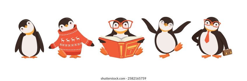 Cute Penguin Character Engaged in Different Activity Vector Set