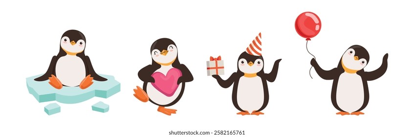 Cute Penguin Character Engaged in Different Activity Vector Set