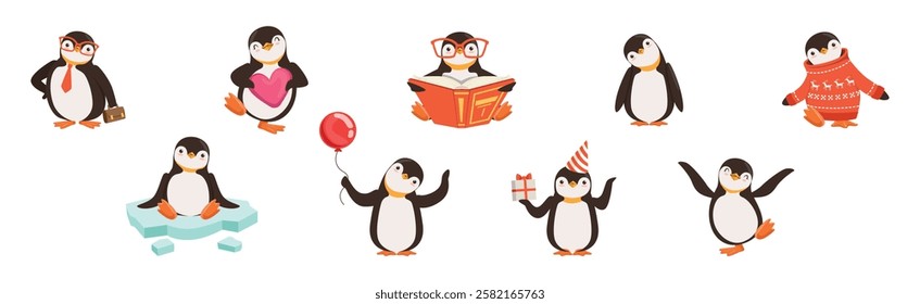 Cute Penguin Character Engaged in Different Activity Vector Set