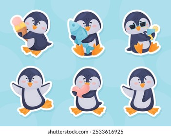 Cute Penguin Character with Cute Face Vector Sticker Set