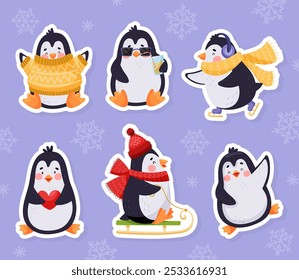 Personagem Pinguim bonito com conjunto de adesivo de vetor de face bonito