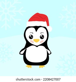 Cute penguin character in flat style. Cute penguin with santa claus hat. Winter and new year concept of a penguin with a Santa Claus hat on a background of snow. flat vector illustration eps10