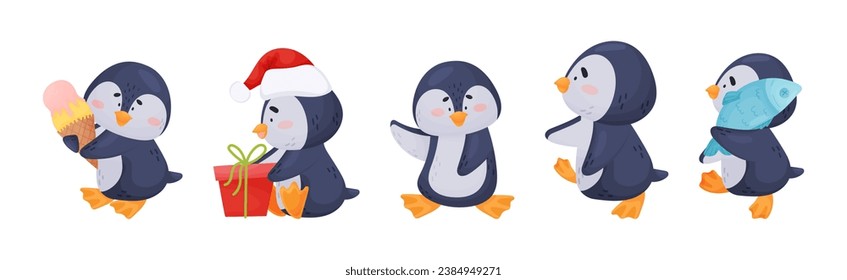 Cute Penguin Character with Happy Face Vector Set