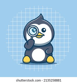 Cute penguin character holding a magnifying glass