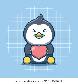 Cute penguin character hugging heart vector illustration