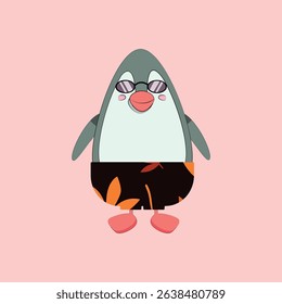 Cute penguin character illustrations in minimalist style enjoying summer vacation.