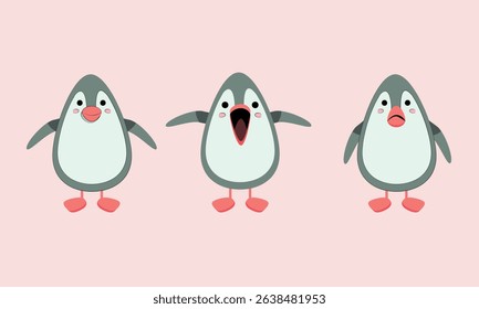 Cute penguin character illustrations in minimalist style with smile, shout and sad.