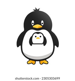Cute penguin character with a portrait of a little penguin on his chest, vector illustration.