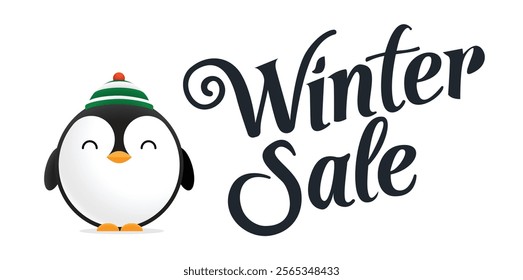 Cute penguin character promoting a seasonal winter sale with festive Winter Sale message on banner design. Vector Illustration.