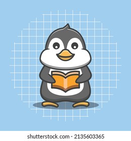 Cute penguin character reading a book vector illustration. Flat cartoon style.