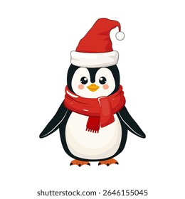 Cute penguin character in a red New Year's hat and a warm scarf. Vector illustration