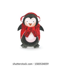 Cute Penguin Character in Red Woolen Beanie Hat with Two Pom. Illustration on White Backdrop