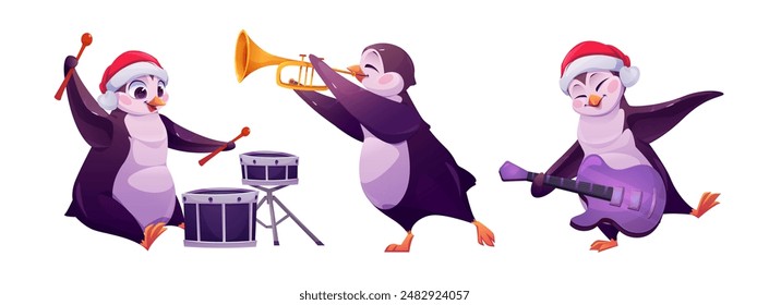 Cute penguin character in Santa Claus hat with music instruments for animal holiday band concept. Christmas or winter orchestra collection - happy funny northern birds playing guitar, drum and trumpet