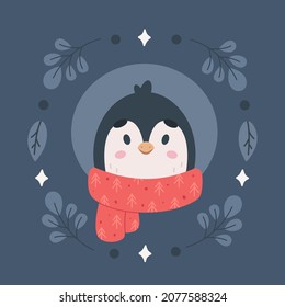 Cute penguin character with scarf. Christmas animals, winter time. Vector illustration