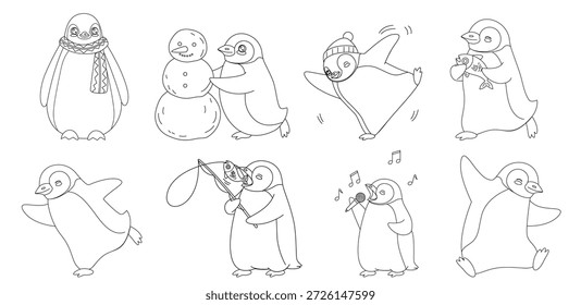 Lindo juego de personajes de pingüinos para colorear para niños con actividades de invierno